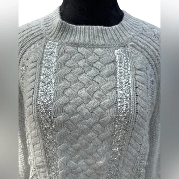 J.Crew Merino Wool Cable Knit Sequin Sweater Gray Medium Holiday K4664 - Picture 2 of 8